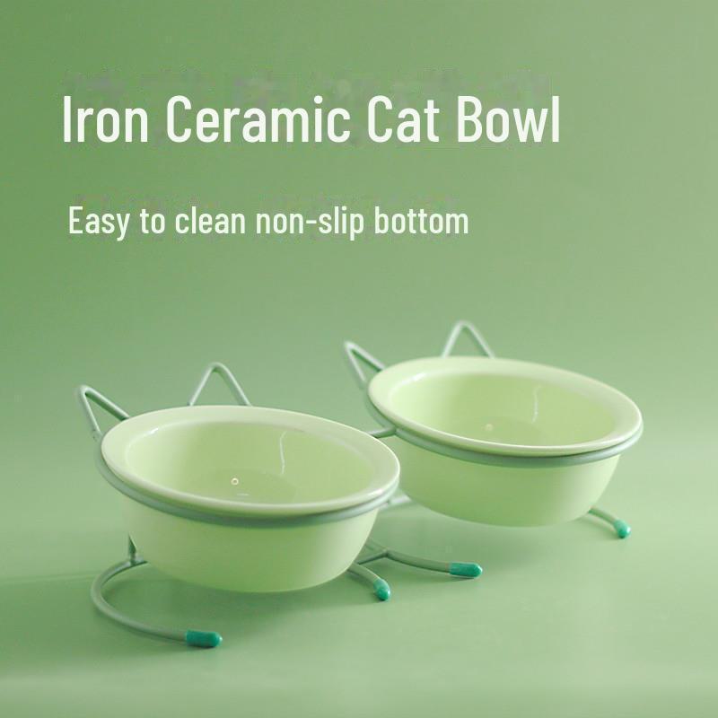 Ceramic Double Cat & Dog Bowl for Food and Water - Protects Cervical Vertebrae