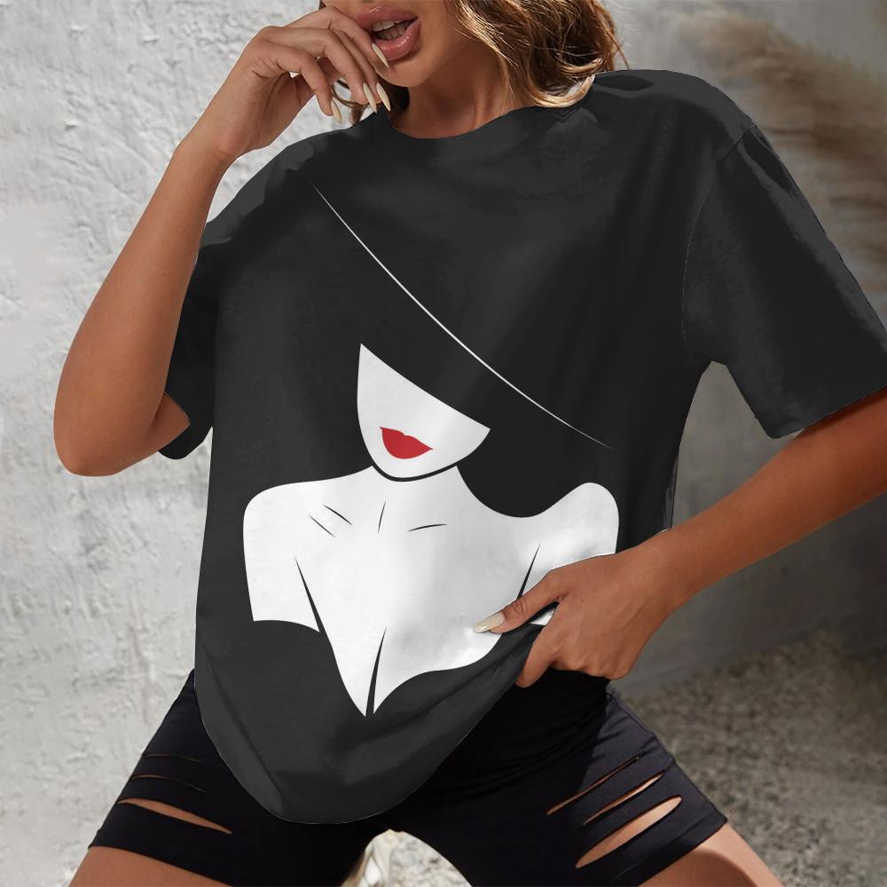 2024 Summer Street Casual And Comfortable Daily Women's Top Minimalist Hand Drawn Portrait Print O-neck Short Sleeved T-shirt