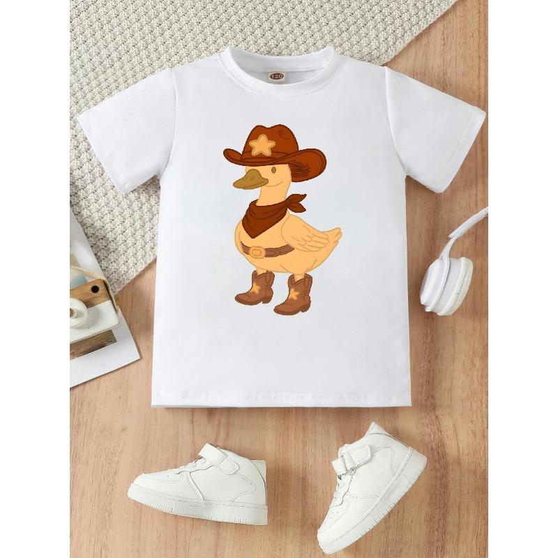 European Sizes Cute Cartoon Cowboy Duck Print, Girls' Black And White Crew Neck Short Sleeve T-Shirt, Casual Comfortable Fashionable Summer Top