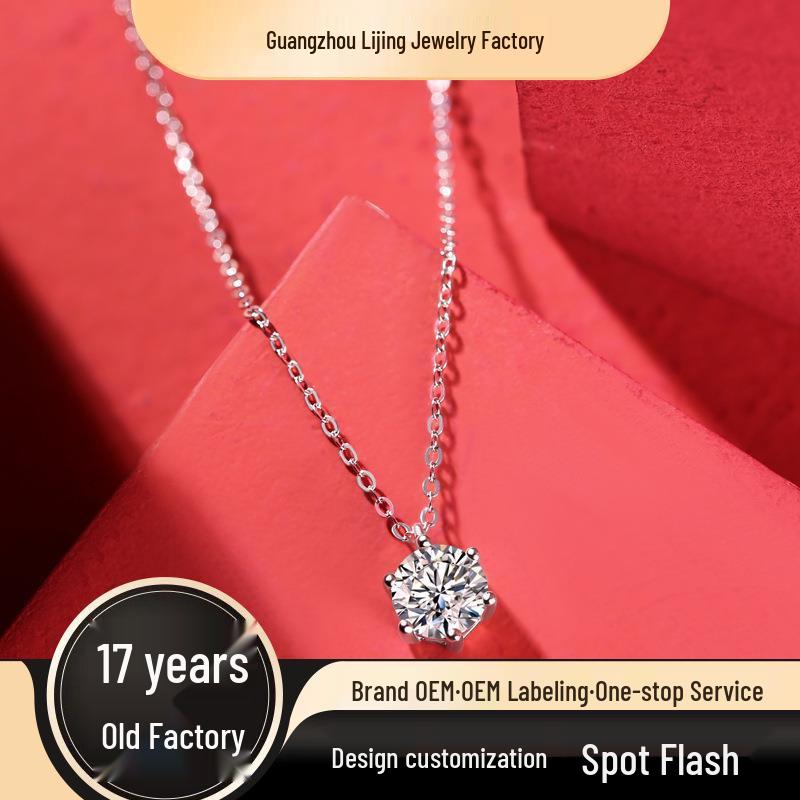 Elegantly Crafted Moissanite Six-Prong Pendant on 925 Silver Clavicle Necklace.