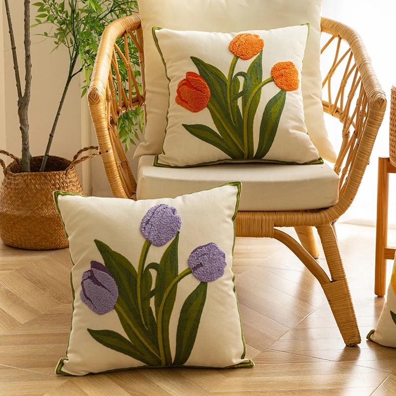 Pure Cotton Embroidery Tulip Spring Throw Pillow Covers Outdoor Patio Cushion Cover Pillow Cases Summer Garden Decorations Home