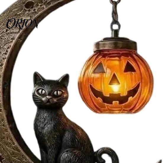 Spooky Yard Decoration Black Cat Moon Wind Chime, Gothic On Crescent Bell Holiday Gift for Home with Pumpkin Lantern, Halloween Hanging Ornament Porch
