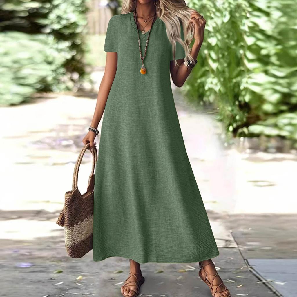 Women's Fashion V-Neck Short Sleeve Color Zipper Casual Vacation Long Dress Cotton Linen Dresses