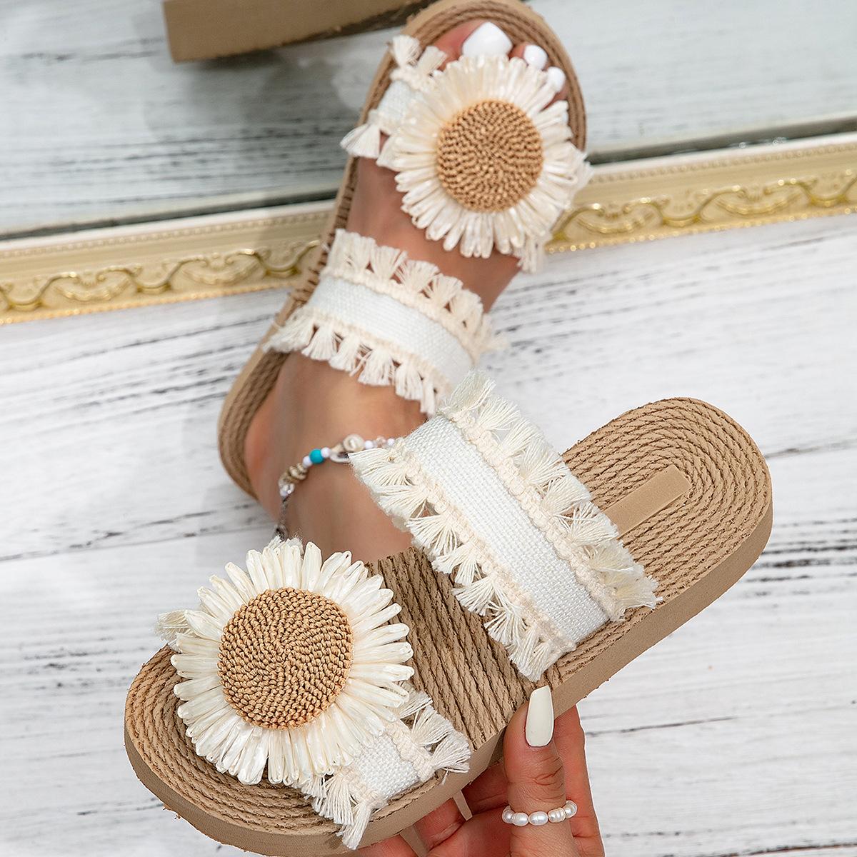 

Женские сандалии на покатом каблуке с кисточками в национальном стиле с имитацией пеньковой веревки снизу и перекрестными полосками 39