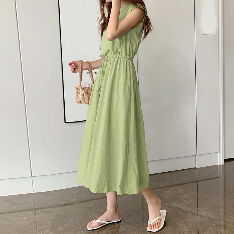 

Летнее женское свободное платье без рукавов, новое элегантное хлопковое повседневное платье трапециевидной формы со шнуровкой на талии, женское сплошное цветное модное вечернее платье, одежда 1096 2XL светло-зеленый