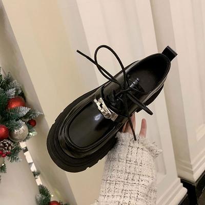 Kleine Lederschuhe Damen Frühling und Herbst neu dicker Absatz Plateau Slipper Britischer Stil schwarz Einzelne Schuhe Mary Jane Schuhe