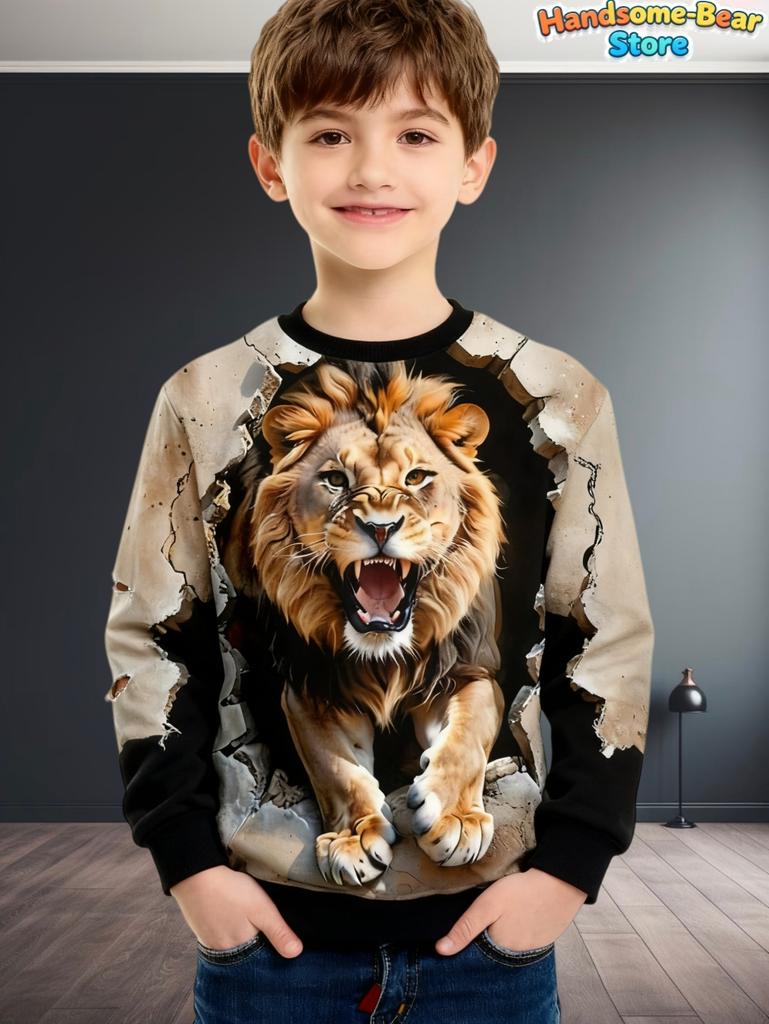 Boys Wolf Print Long Sleeve Crew Neck Sweatshirt Soft Breathable Casual Wear Outdoor Activities Autumn Essential Clothing Hoodie