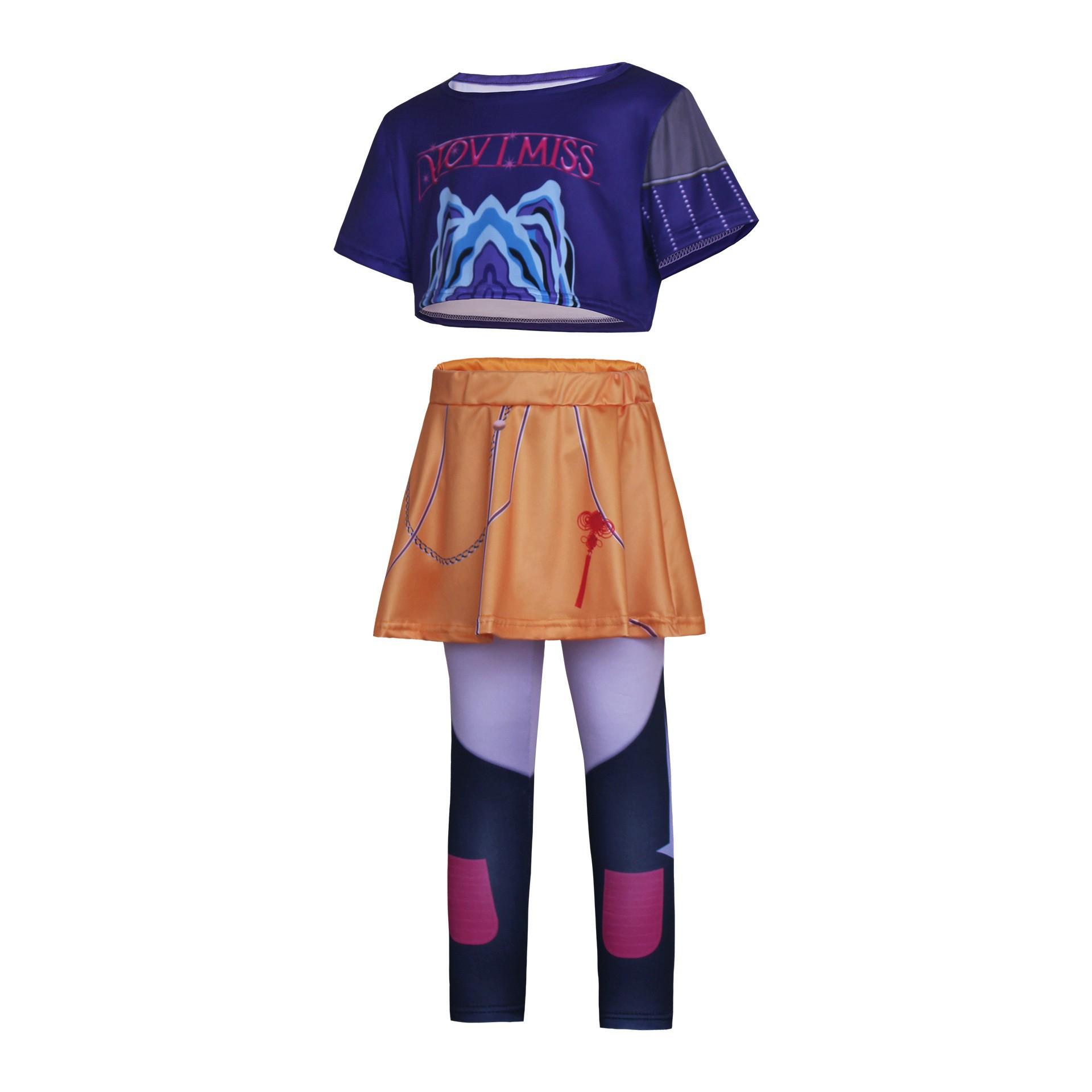 Costume de Chanteuse Tendance Coréenne pour Filles 2 Pièces Haut Violet + Jupe Jaune Leggings Imprimé 3D Fête d'Anniversaire Spectacle de Danse Uniforme Fille 9-10T(150)