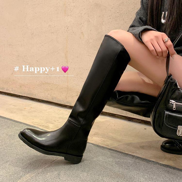 Chaos Shows Temperament~ Loose Straight Thick Leg Boots Leather Knight Boots Plain Oblique Mouth High Tube Flat Bottom Stacking Boots