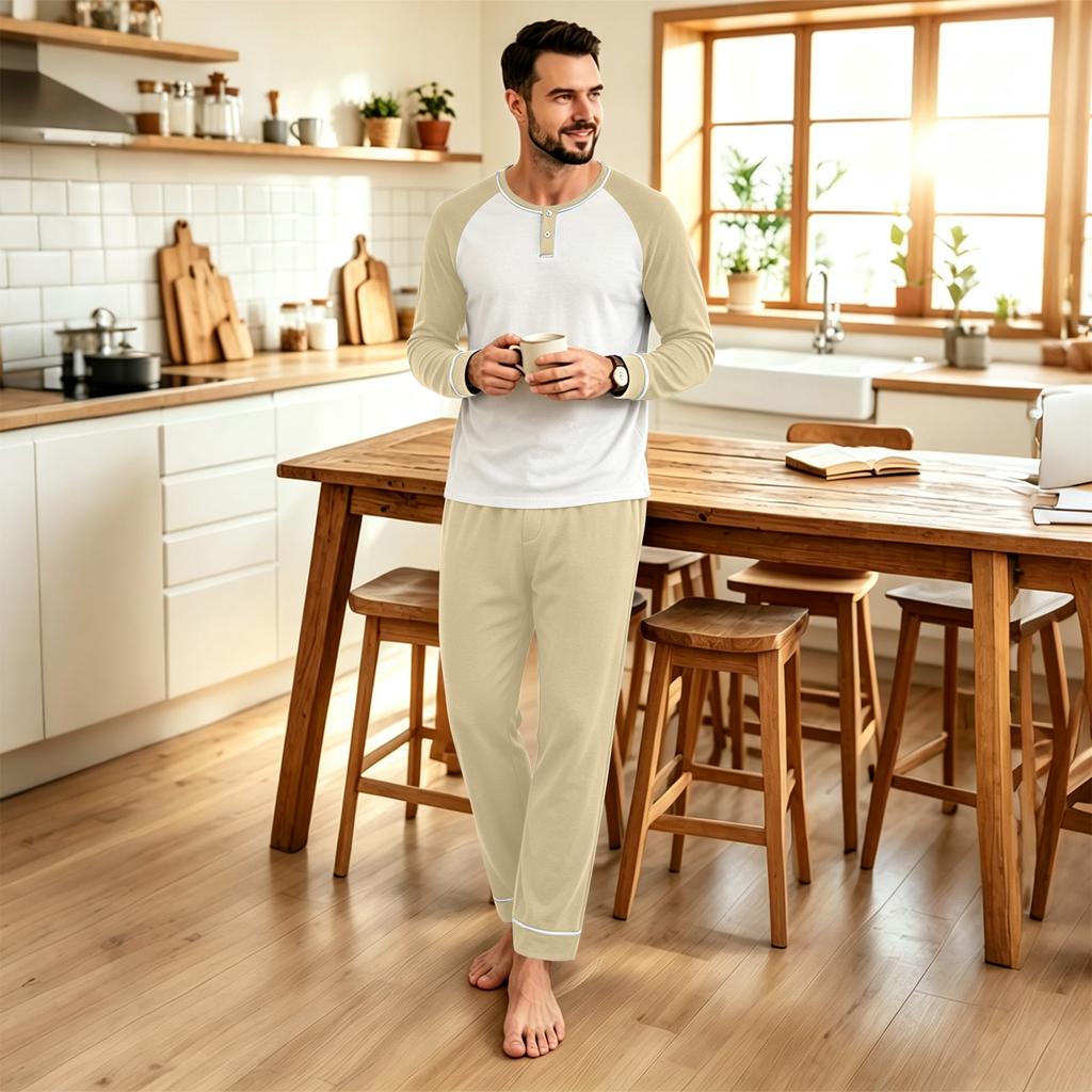Men's Casual Loose Fit Raglan Sleeve Pajama Set for Sleep and