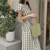 Retro Plaid Bubble Sleeves Hollow Waist Dress Women's Summer New Korean Long Dress French Design Skirt