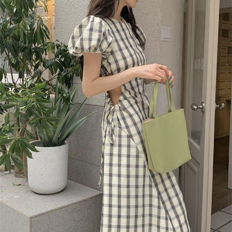 Retro Plaid Bubble Sleeves Hollow Waist Dress Women's Summer New Korean Long Dress French Design Skirt