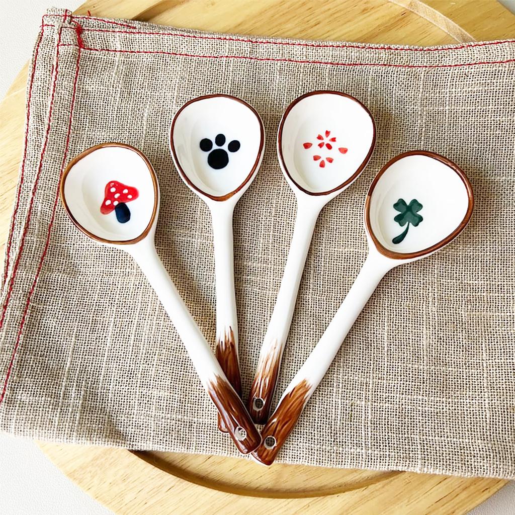 4 PCS Vintage Ramen Soup Spoons, Ceramic Asian Soup Spoons Tablespoon, Rice Noodles Dinner Serving Spoon, Dessert Spoon