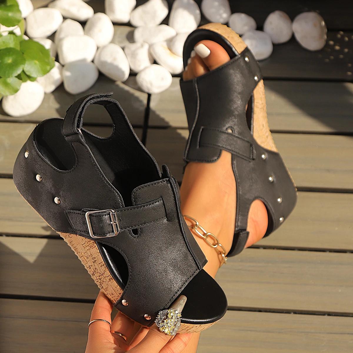 

Модные женские сандалии Новая модная обувь на высоком каблуке для женщин Босоножки на платформе с танкеткой и открытым носком Большие размеры Уличная повседневная женская обувь 36 чёрный