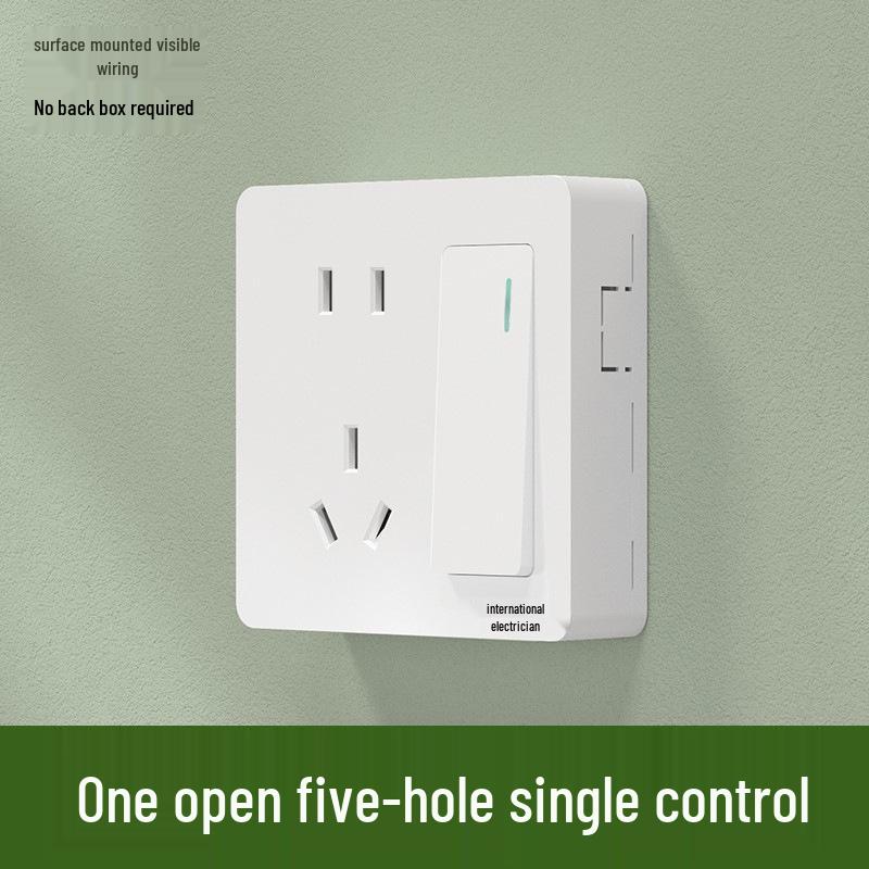 Ultra-Thin Surface-Mounted Single-Control Wall Switch & Socket Panel with Surface Box Outlet, One-Gang Push Button for Household Lighting.