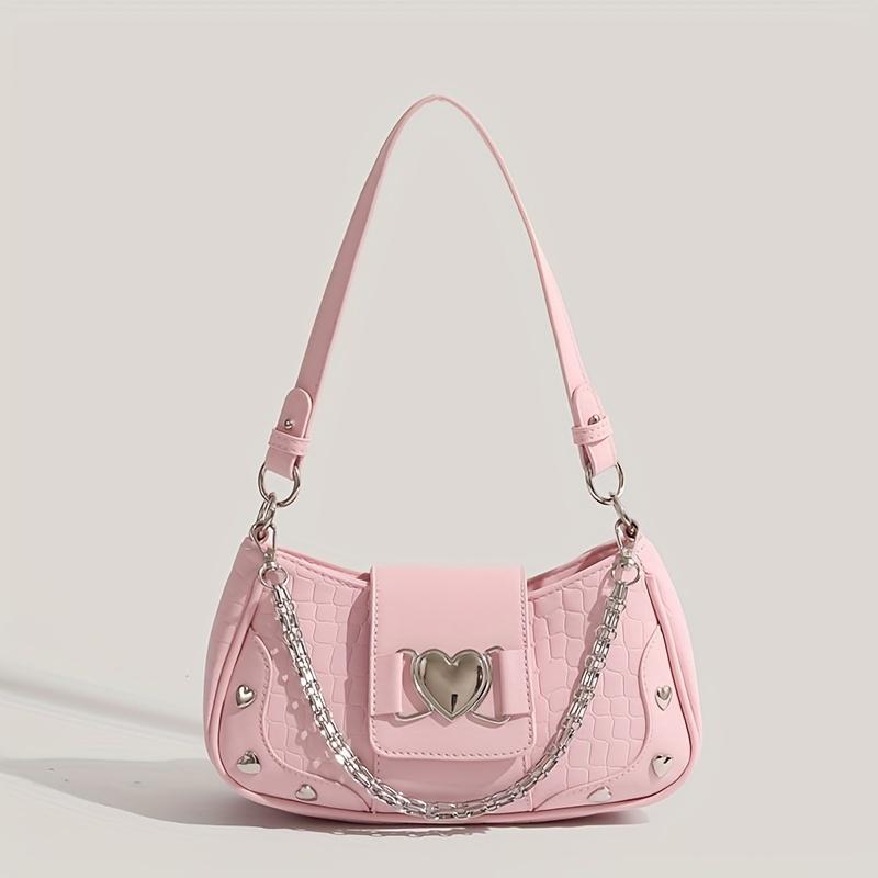 Y2K Style Sweet & Edgy Heart Decor Shoulder Bag for Women - Detachable Chain Strap, Zipper Closure, , Polyester Lining, Oil-Edged Finish