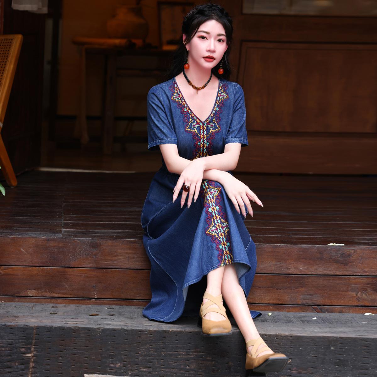 

Johnature Женское весеннее модное платье в китайском стиле с V-образным вырезом и винтажной вышивкой с короткими рукавами повседневное платье M