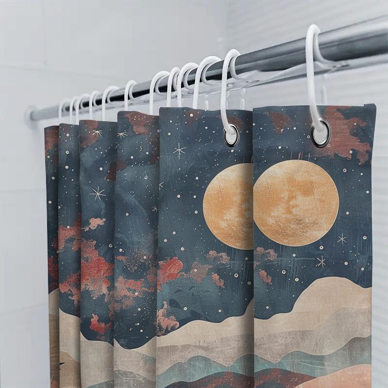 Stunning Moonlit Landscape Shower Curtain With Blue Mountain Range: Perfect For Adding A Touch Of Nature-Inspired Charm To Your