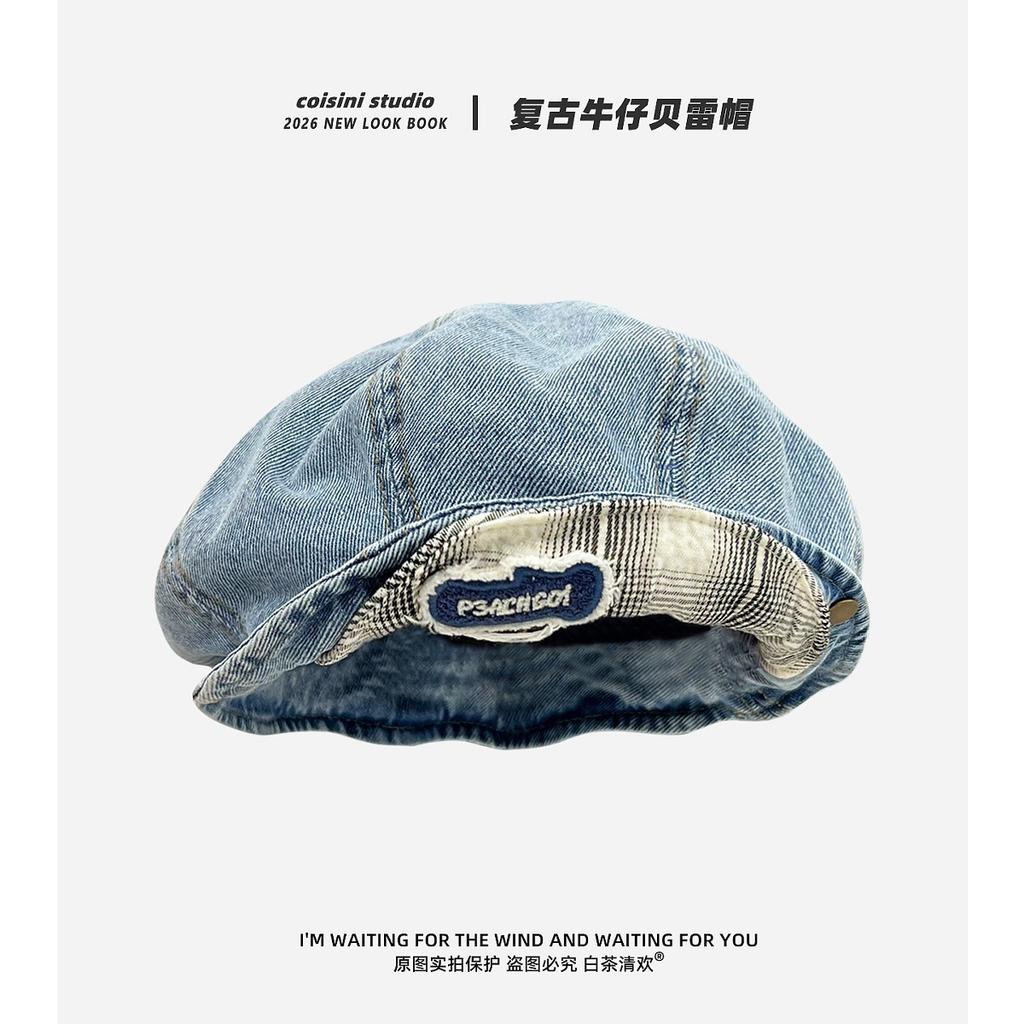 Double Brim Cornice Denim Beret Children Spring And Autumn Casual Versatile Cloud Painter Hat Shows Small Face