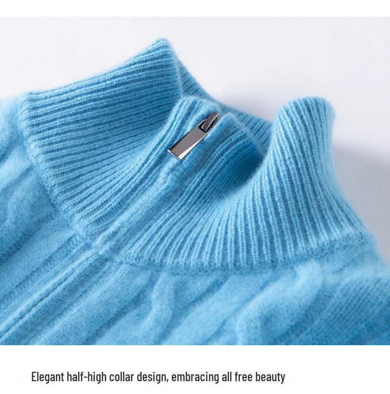 Women's Half-Zip Cashmere Sweater - Autumn/Winter Cable Knit, Gentle Style, Half-High Neck Base Layer.