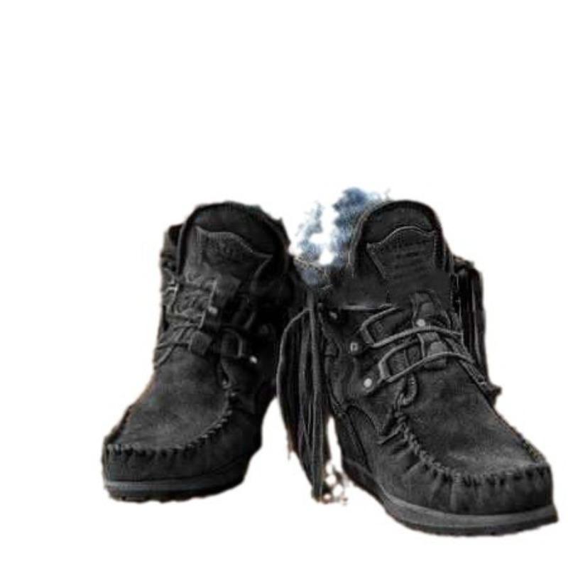 Foreign Trade Large Size Fringed Western Denim Style Medium Tube High-top Women's Boots Autumn and Winter New Flat Bottom Round Head Women's Shoes