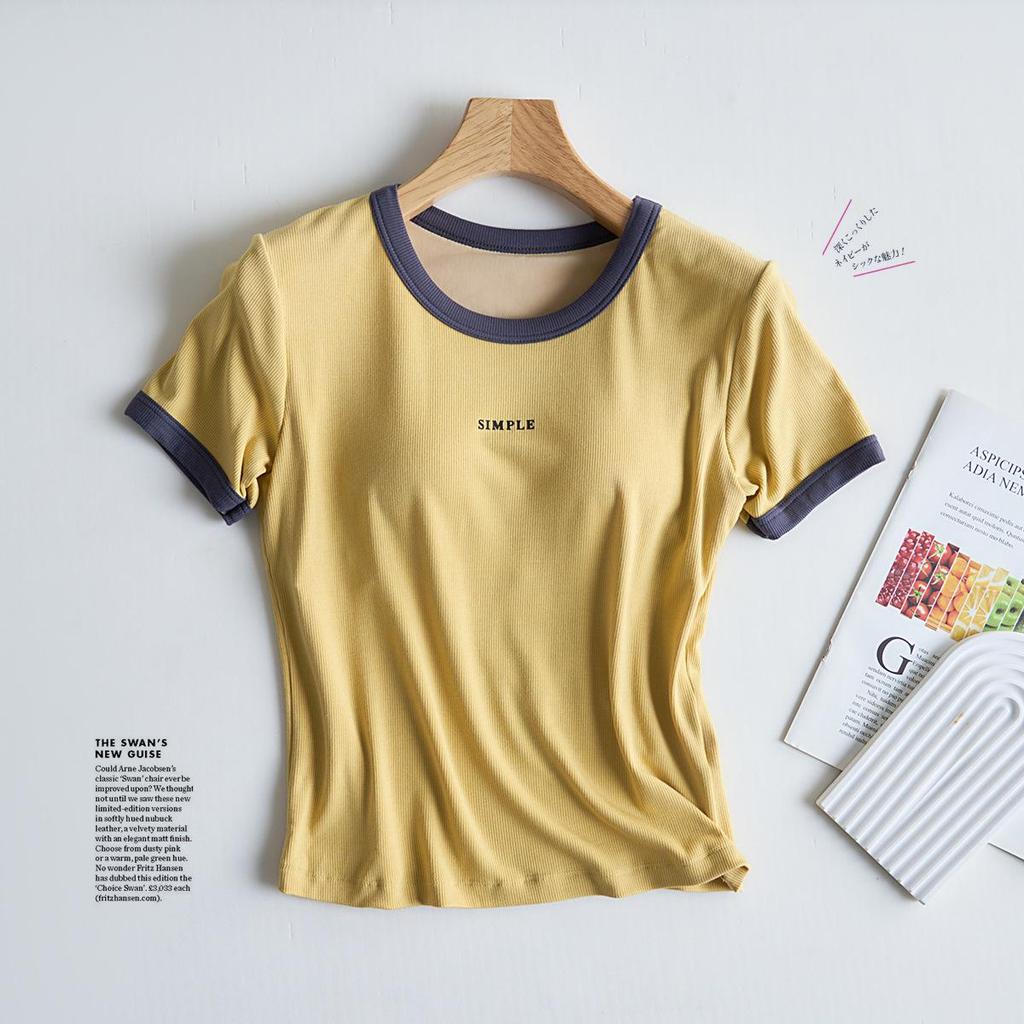 Women's Contrast Casual Short-Sleeve T-Shirt with Chest Pads, Bra-Free, One-Piece Round Neck for Summer.