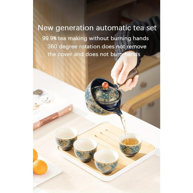 1 Set Side Handle Automatic Tea Making Machine Portable Ceramic Household Meeting Guest Tea Pot Tea Plate Set As A Gift- Perfect For Home And Office M