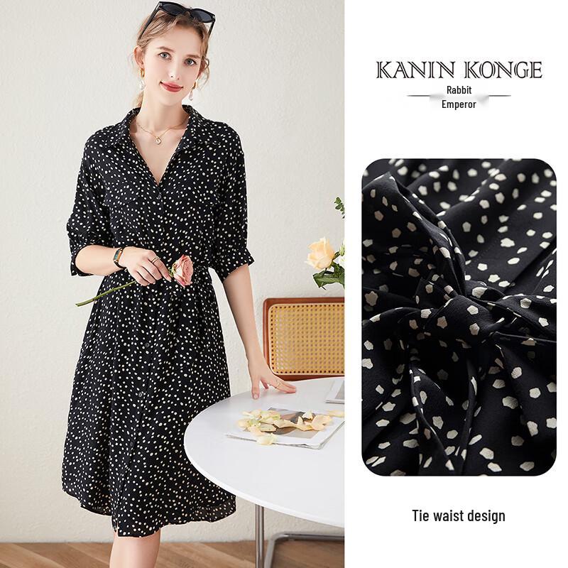 TUHUANG Women's 100% Silk Polka Dot Midi Dress