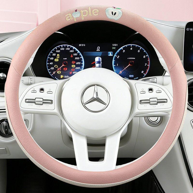 

New Leather Car Steering Wheel Cover in 6 Colors, Apple Color Matching, Universal for All Seasons, Breathable, Non-Slip, Fashionable Car Handle Cover Czy (Apple)-Girly Pink; Round Shape