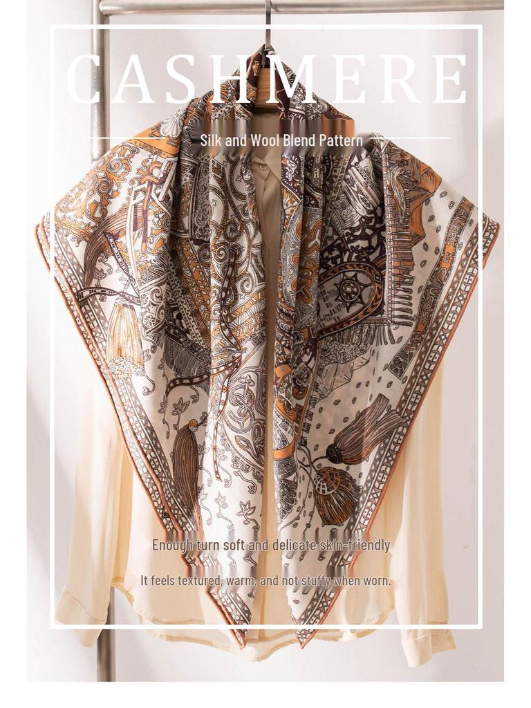 Exotic Knight Silk Wool Square Scarf: Elegant Double-Sided Print, Sun Protection & Neck Warmer