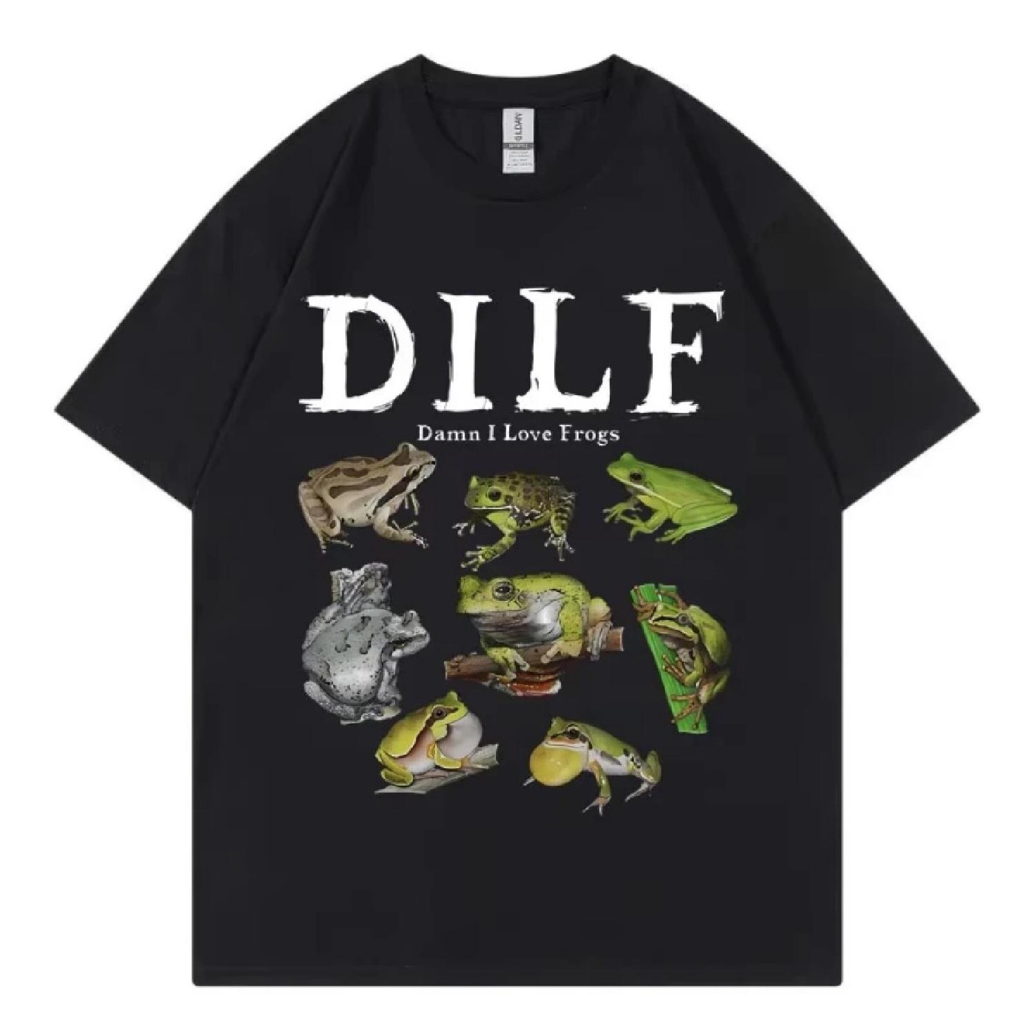 Dilf Черт, я люблю лягушек Графические футболки Мужская Женская Мода Футболка с коротким рукавом Винтаж Лето Уличная одежда Футболки Топы S чёрный