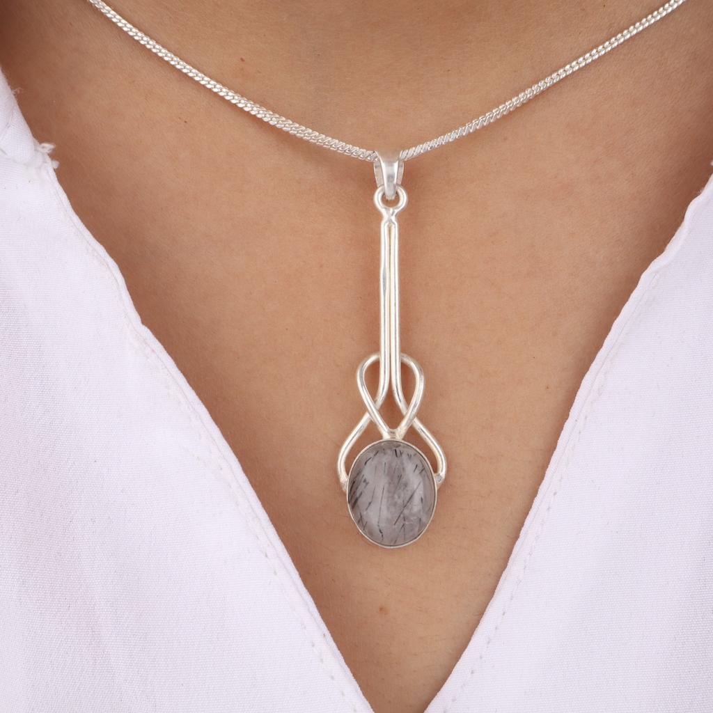 Natural Black Rutile Gemstone 925 Sterling Silver Jewelry Handmade Pendant 1.79" PP-60-33