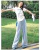 Petite Women's Blue Plaid High Waist Elastic Summer Pants - Yamamoto Drape Casual Straight Wide Leg 