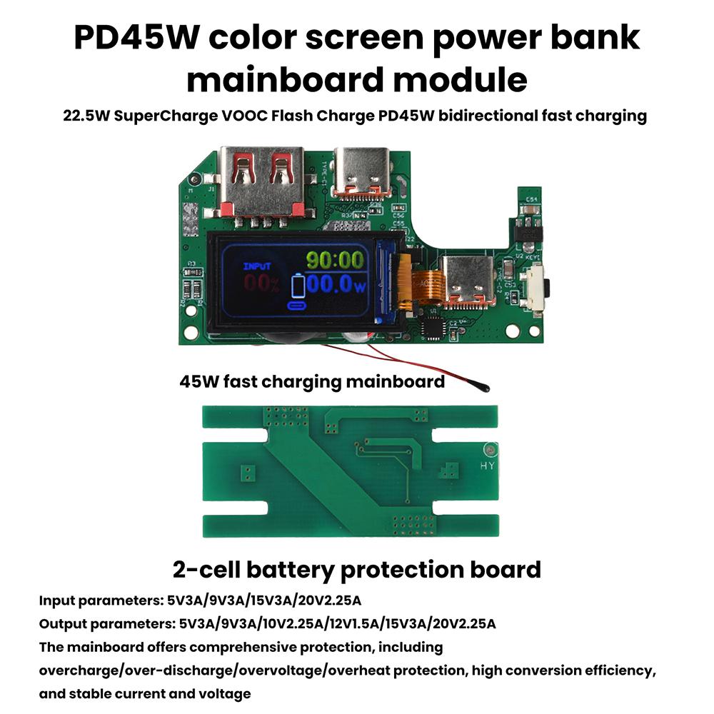Type-c USB Fast Charger Mobile Power Module Motherboard 0.96-inch TFT Color Digital Display with 2S/3S Battery Protection Board