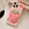 Cute 3D Cartoon Strawberry Hand Grip Holder Soft Silicone Case For iPhone 16 15 13 14 Pro Max Shockproof Back Cover