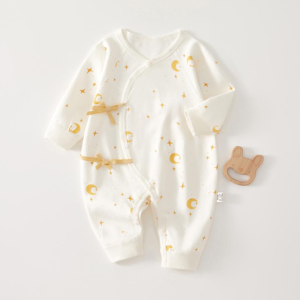 Spring Cute Baby Romper Moon Print Bow Long Sleeve Bodysuit for Toddler Boys Girls Soft Pure Cotton Newborn Jumpsuit