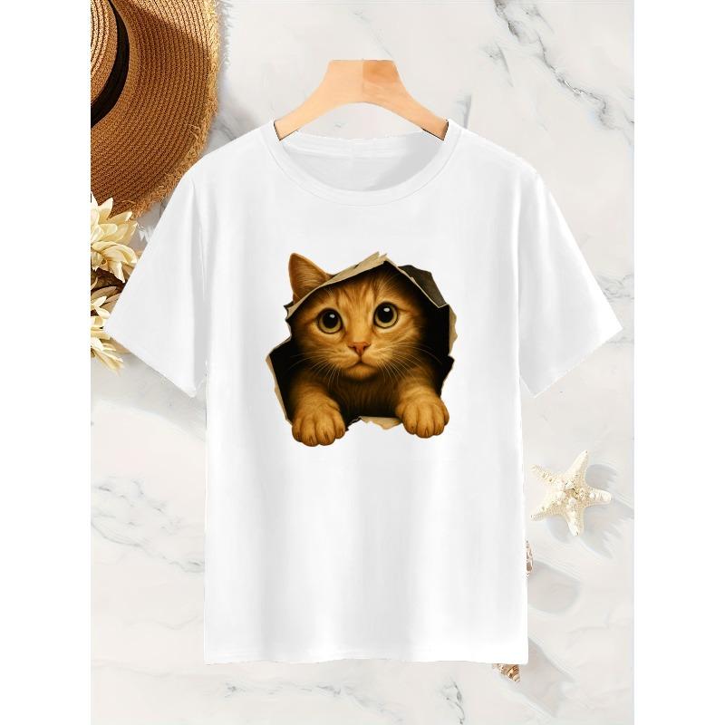 Women Cute Peeking Orange Cat Print T-Shirt Round Neck Short Sleeve Spring Summer Autumn Pet Lover Casual Stretchy Machine-Washable Top