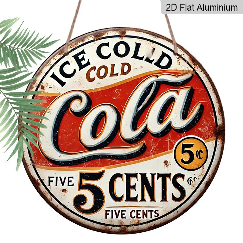 

2D Flat, 1pc 2D Flat Print Metal Aluminum Sign [2D Flat] Vintage Cola 5 Cent Metal Wall Sign - Art Decor, Circular Plaque with ICE COLD Soda 7.87x7.87inch