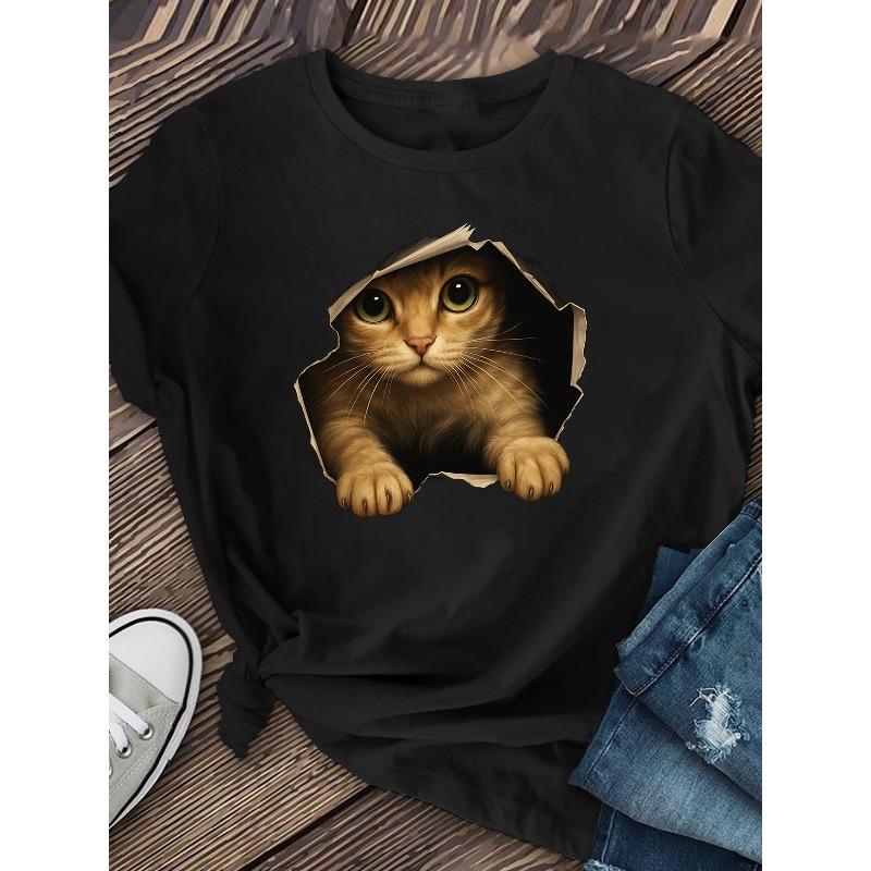 European Size Womens The Little Cat In The Cave Graphic T Shirt Short Sleeve Casual Spring Summer Lady's Wear Top