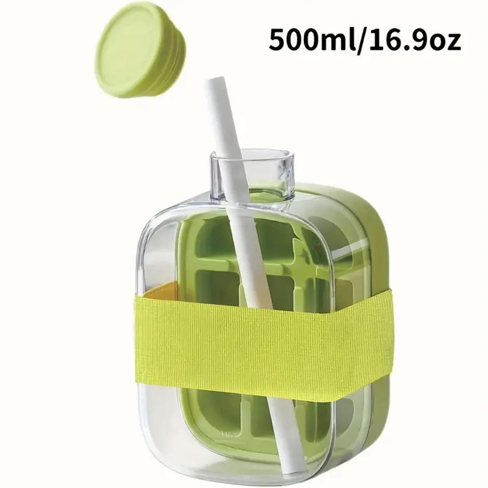 2 in 1 Ice Cube Bottle, Press Ice Cube Mold Water Bottle with Lid and Bin, Ice Bottle Cup, Easy Press To Release Ice Cube Tray
