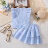 Girls' Fashionable Sky-blue Outfit - Summer Children's Elegant Top and Skirt Set