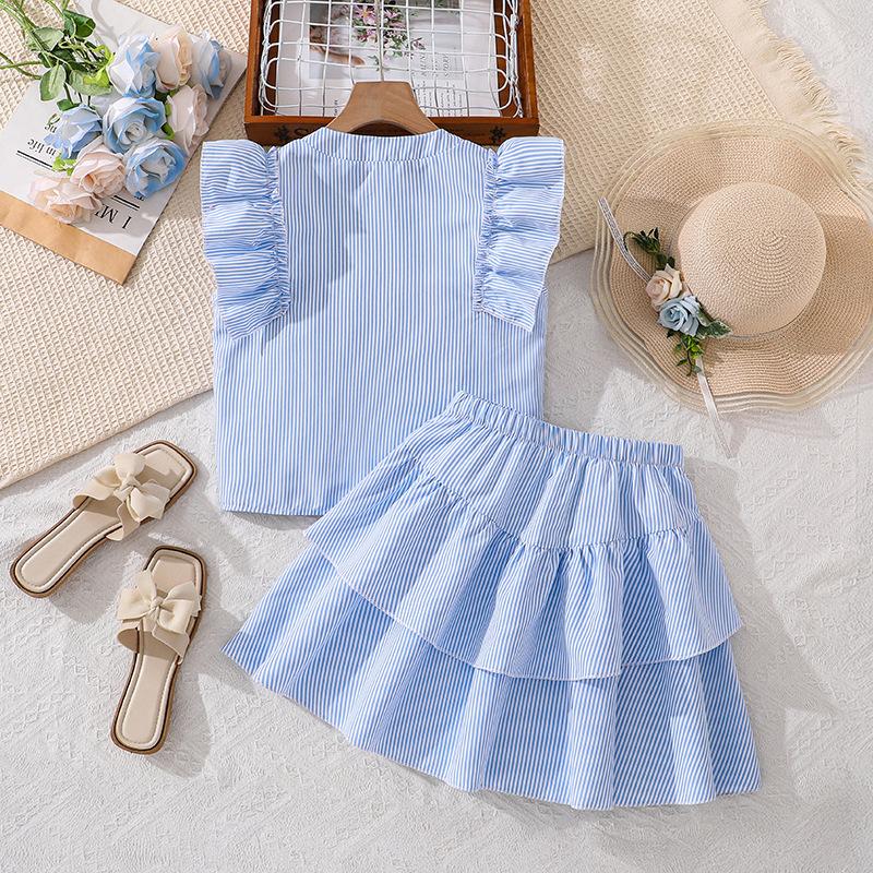 Girls' Fashionable Sky-blue Outfit - Summer Children's Elegant Top and Skirt Set