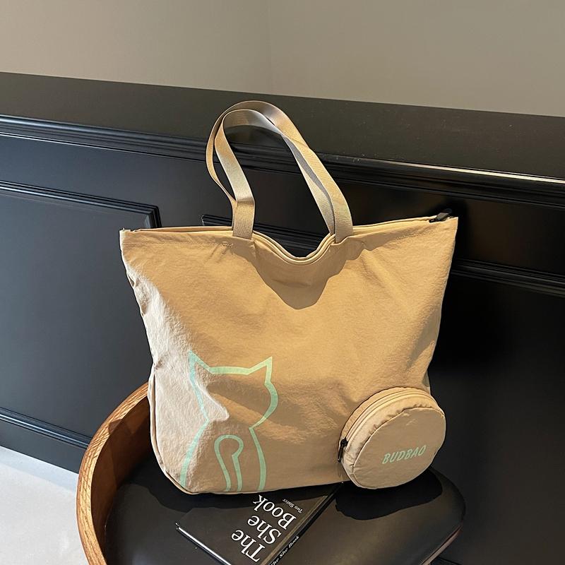 

Cat Print Large Capacity Tote Bag Women s Foldable Shoulder Bag бежевий