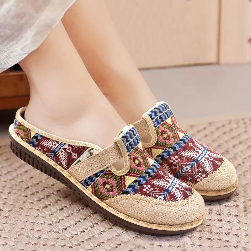 2024 Fashion Women's Shoes Bohemia Style Embroidered Linen Breathable Outdoor Casual Slippers Shoes For Women Zapatos De Mujer
