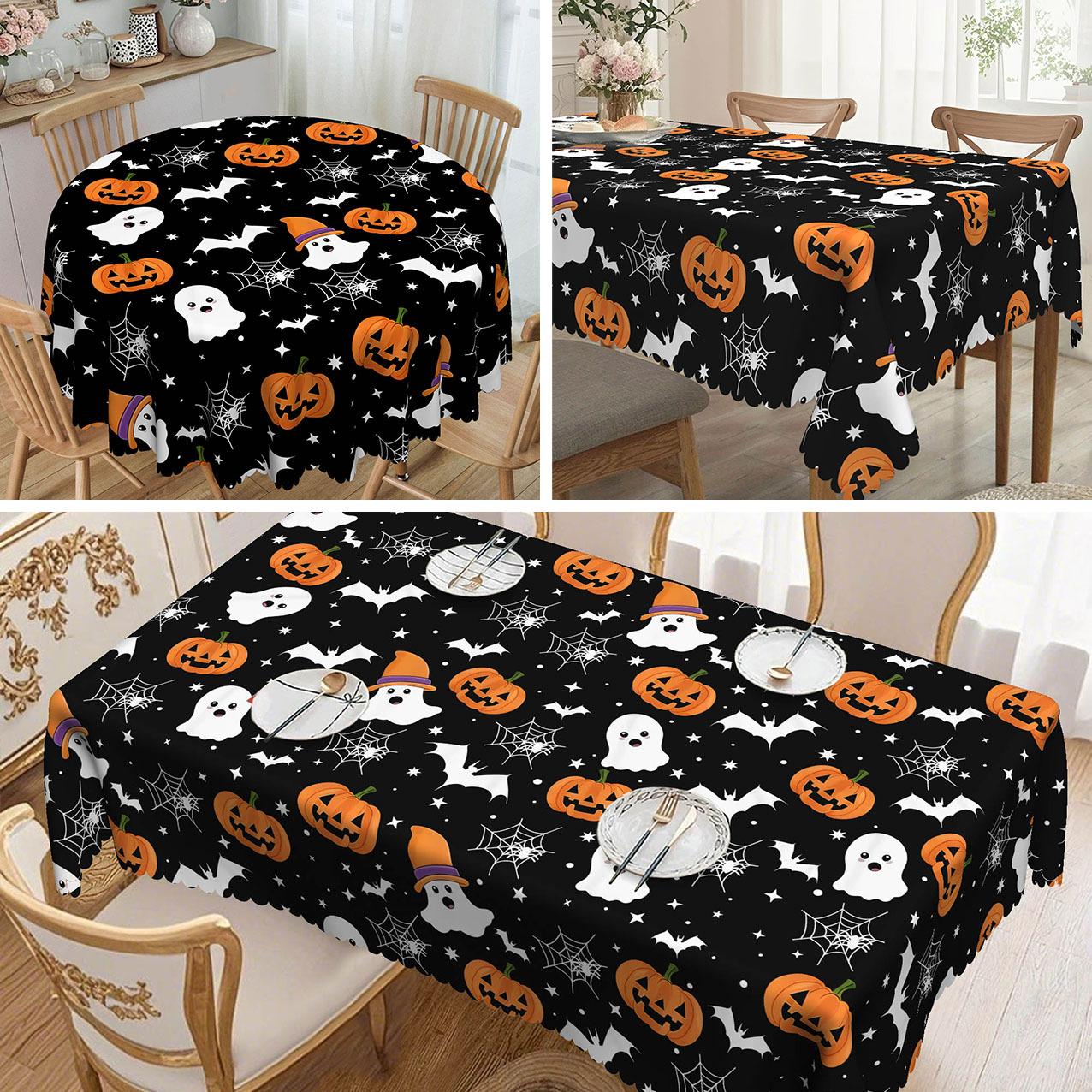 1 Halloween Pumpkin Pattern Tablecloth, Black Background With Ghosts, Optional Round And Long Tablecloth round tablecloth-152x152cm