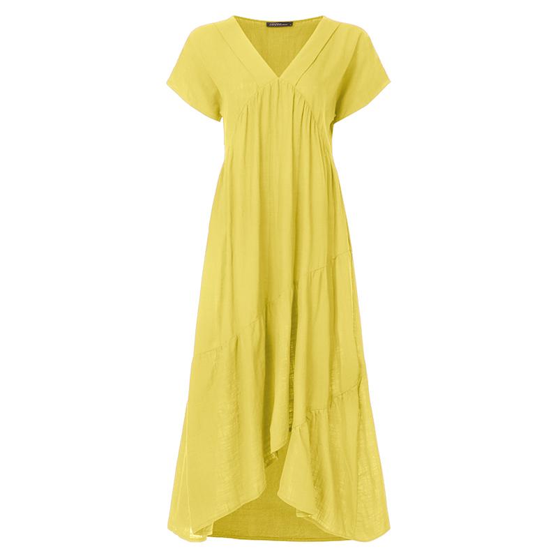 ZANZEA Dame V-hals Kortermet Baggy Ruffled Sundress Løs sommerstrandkjole