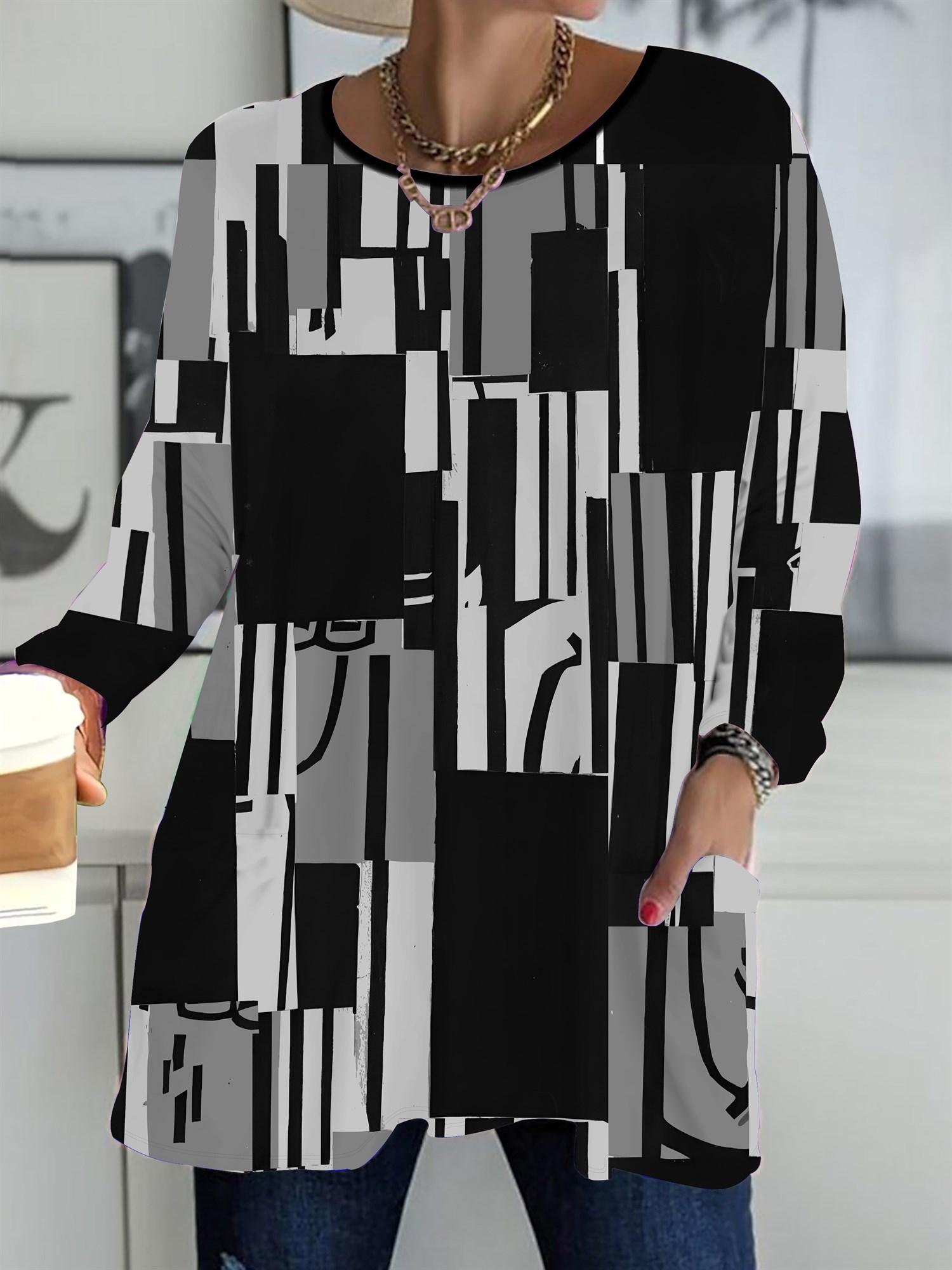 

2025 Осень Зима Новые Женские Топы Большого Размера, Модные Футболки с 3D-принтом в клетку, с круглым вырезом и длинным рукавом 1XL серый