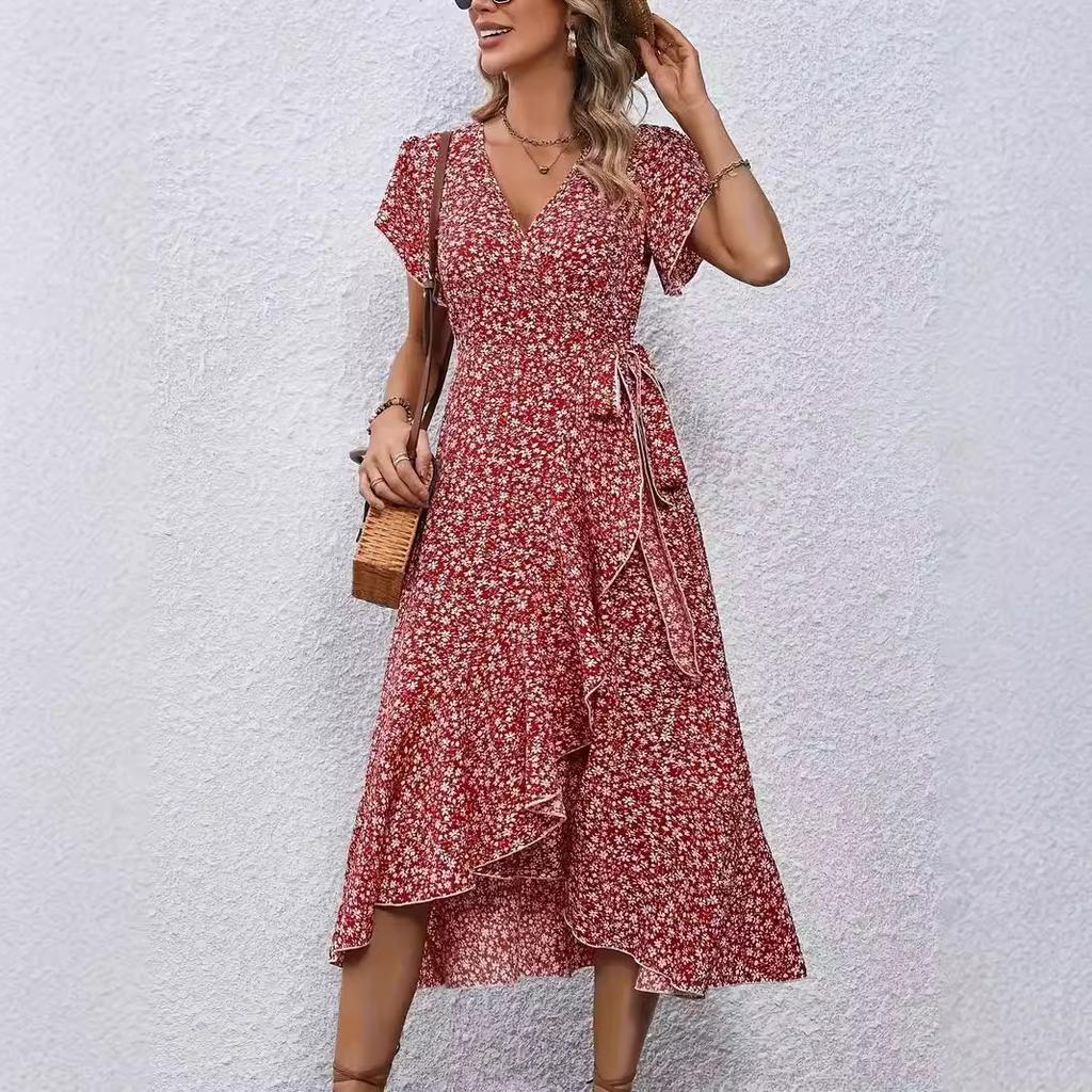 European and American summer floral new vacation short-sleeved temperament waist v-neck wrap dress