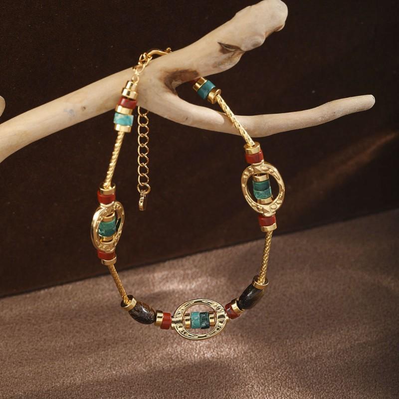 Boho Chic Geometric Stone Beaded Bracelet With Gold-Tone Metal Accents Vintage-Inspired Womens Handmade Jewelry