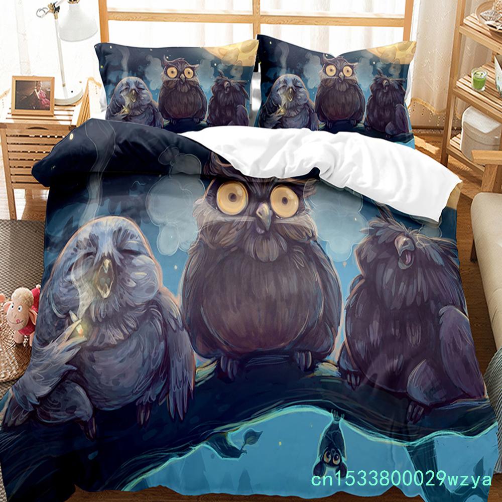 Owl Duvet Cover Set Cute Bird Polyester Comforter Cover For Boys Girls Kids Bedding Set King Size Quilt Cover With Pillowcase
